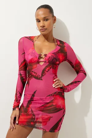 Karen Millen Abstract Floral Print Plunge Beach Mini Dress