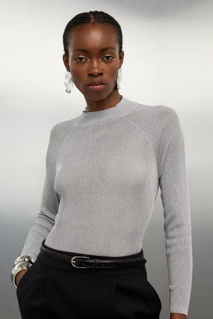 Karen Millen Viscose Blend Metallic Sparkle Twist Back Knit Top