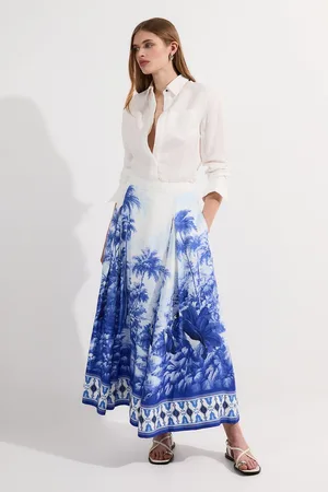 Karen Millen Viscose Linen Scenic Print With Top Stitch Woven Maxi Skirt
