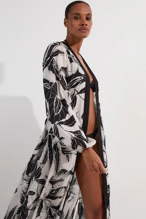 Karen Millen Palm Border Print Cotton Voile Maxi Beach Kimono