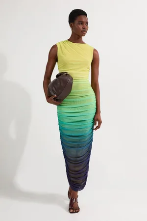 Karen Millen Sunset Ombre Mesh Ruched Jersey Maxi Dress