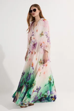 Karen Millen Pleated Floral Cape Sleeve Plunge Neck Woven Maxi Dress
