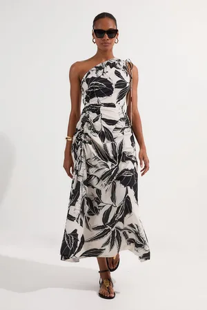 Karen Millen Tall Palm Border Print Cotton Voile One Shoulder Midi Dress