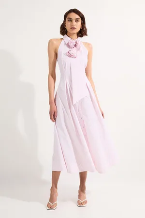 Karen Millen Stripe Cotton Woven Sleeveless Shirt Maxi Dress With Rosette