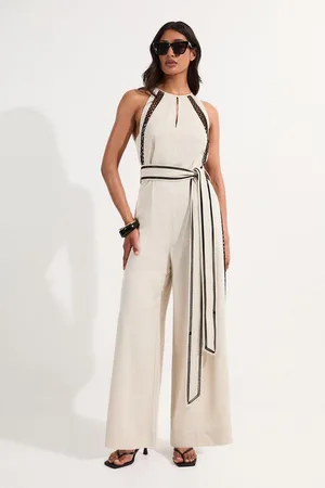 Karen Millen Lace Trim Insert Linen Woven Jumpsuit