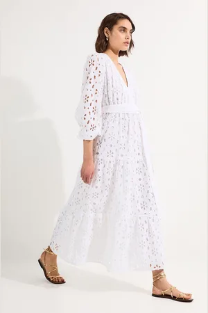 Karen Millen Cotton Broderie Belted Short Sleeve Woven Midi Dress