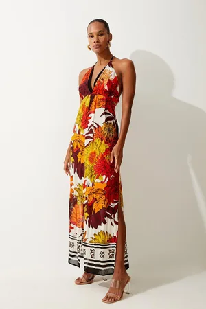 Karen Millen Viscose Georgette Border Print Halterneck Maxi Beach Dress
