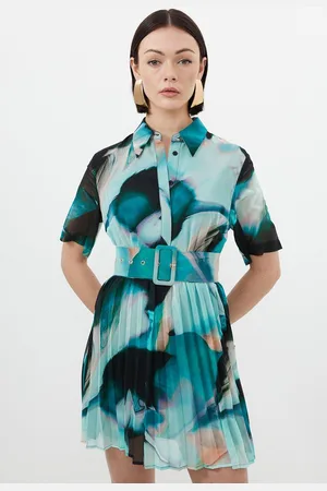 Karen Millen Marble Georgette Pleated Mini Shirt Dress
