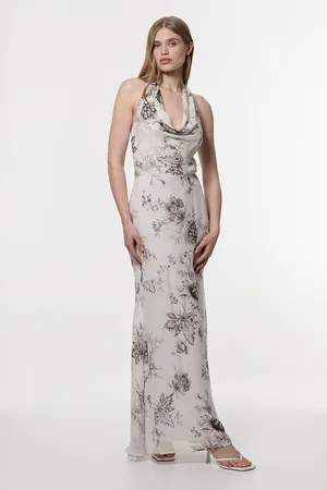 Karen Millen Tall Sheer Viscose Georgette Sketchy Deep V Woven Halter Neck Dress