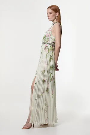 Karen Millen Floral Halter Diamante Enamel Trim Woven Pleated Split Maxi Dress