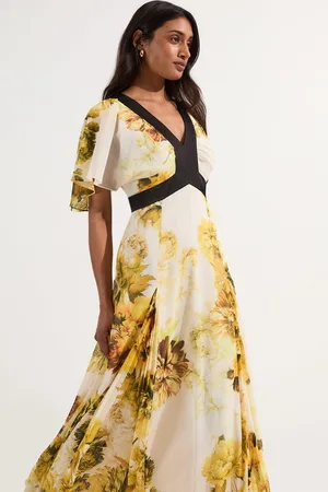 Karen Millen Pleated Floral Godet Pannell Woven Midi Dress