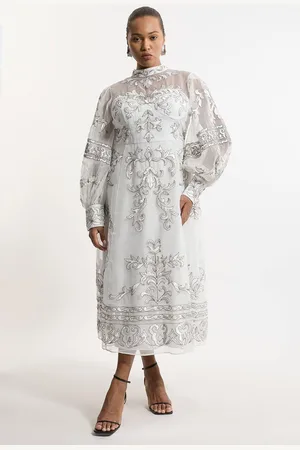 Karen Millen Plus Size Baroque Organdie Applique Buttoned Woven Maxi Dress