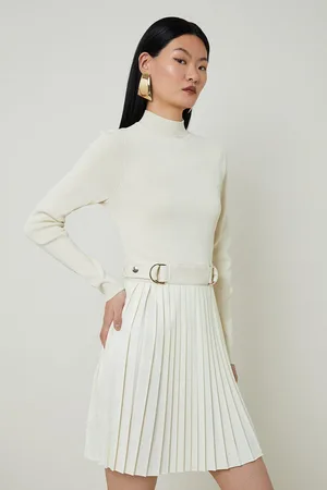 Karen Millen Viscose Blend Knit Dress With Woven Pleated Skirt Pu Belt