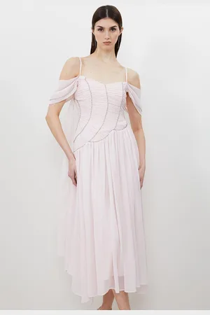 Karen Millen Cold Shoulder Embellished Ruched Georgette Woven Maxi Dress