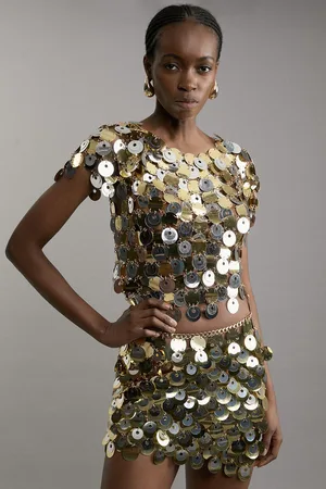 Karen Millen Disc Sequin Cap Sleeve Crop Top