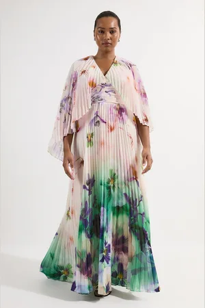 Karen Millen Plus Size Pleated Floral Cape Sleeve Plunge Neck Woven Maxi Dress