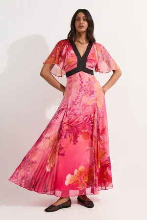 Karen Millen Pleated Floral Godet Panel Woven Midi Dress