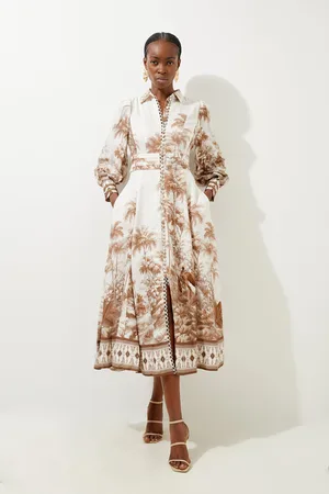 Karen Millen Viscose Linen Scenic Placed Print Balloon Woven Shirt Dress