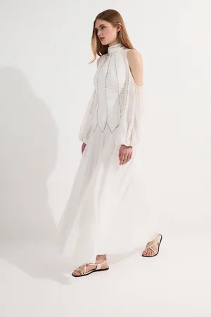 Karen Millen Tall High Neck Embellished Ruched Georgette Woven Maxi Dress