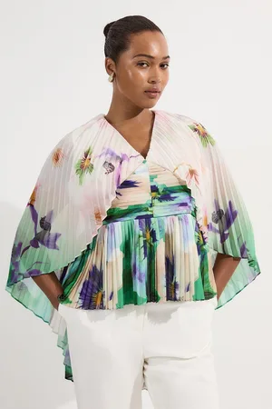 Karen Millen Plus Size Pleated Floral Cape Sleeve Plunge Neck Woven Top
