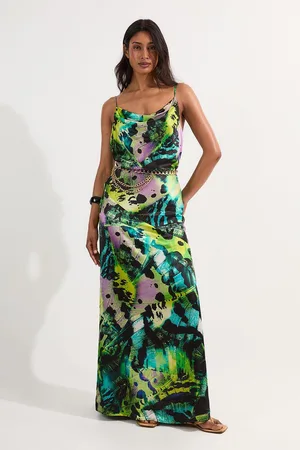 Karen Millen Butterfly Viscose Satin Cowl Detail Belted Maxi Dress