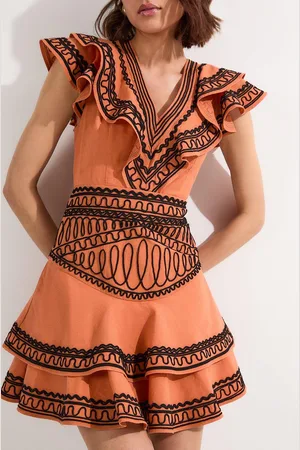 Karen Millen Embroidered Cotton Linen Woven Plunge Mini Dress