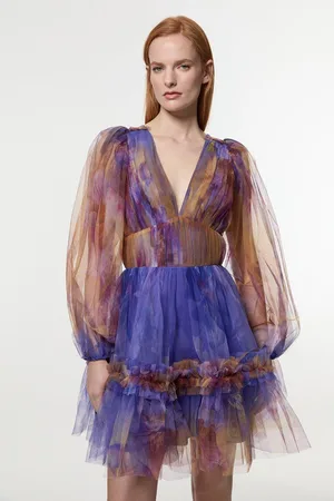 Karen Millen Floral Tulle Plunge Long Sleeve Woven Mini Dress