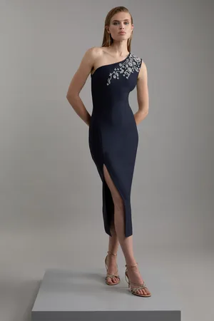 Karen Millen Figure Form Bandage Knit Embellished One Shoulder Midaxi Dress