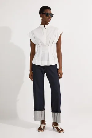 Karen Millen Stripe Denim Turn Up Straight Leg Jean