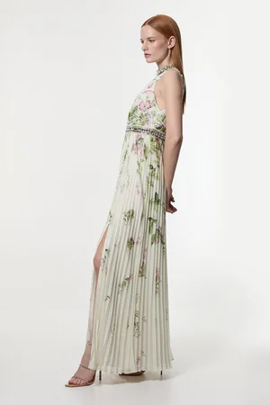 Karen Millen Petite Floral Halter Diamante Enamel Trim Woven Pleated Split Maxi Dress