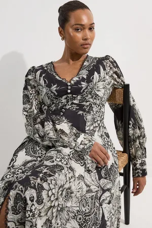 Karen Millen Plus Size Tile Silk Cotton Plunge Woven Maxi Dress