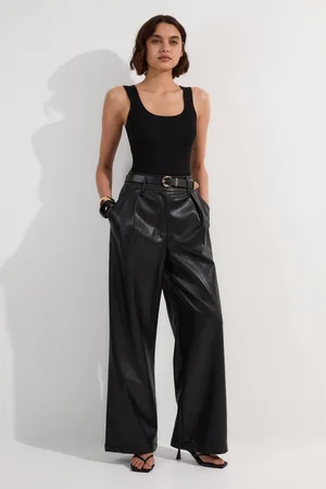 Karen Millen Petite Faux Leather High Waisted Wide Leg Trousers