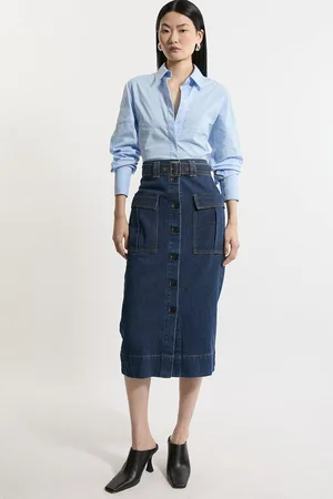 Karen Millen Denim Cargo Pocket Belted Midi Skirt