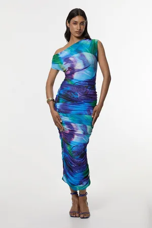 Karen Millen Petite Printed Mesh Jersey One Shoulder Midi Dress