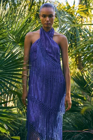 Karen Millen Beach Fringe Halter Neck Woven Dress