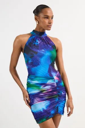 Karen Millen Petite Printed Mesh Jersey Halter Neck Mini Dress