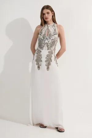 Karen Millen Halter Neck Bugle Bead Detail Woven Maxi Dress