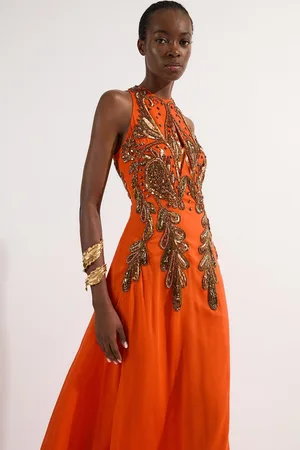 Karen Millen Halter Neck Bugle Bead Detail Woven Maxi Dress
