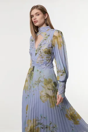 Karen Millen Floral Applique Lace Pleated Woven Maxi Dress