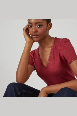 La Redoute Linen V-Neck T-Shirt with Lace Details