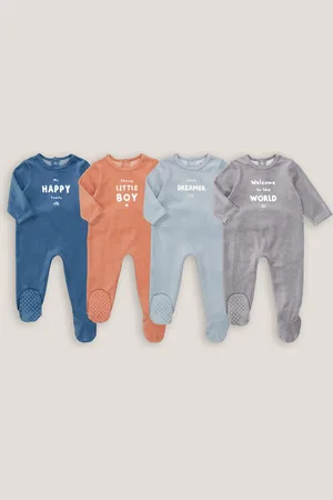 La Redoute Pack of 4 Sleepsuits in Slogan Print Velour