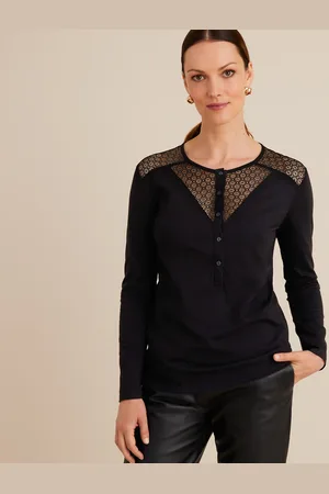 ANNE WEYBURN Dual Fabric T-Shirt with Crew Neck and Long Sleeves
