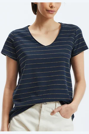 Pieces® Striped Cotton T-Shirt with V-Neck