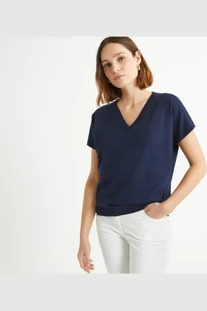 ANNE WEYBURN Fine Knit Jumper with Short Sleeves and V-Neck