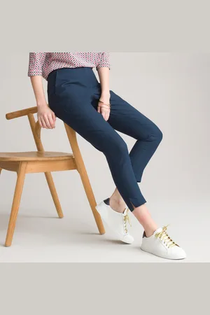 ANNE WEYBURN Straight Ankle Grazer Trousers in Linen/Cotton
