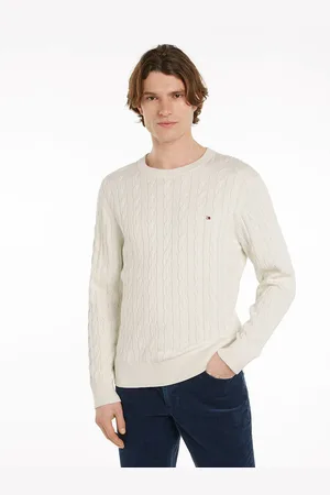 Embroidered Logo Jumper in Cotton and Structured Knit with Crew Neck