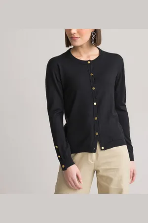 ANNE WEYBURN Wool Mix Cardigan in Fine Knit with Crew Neck