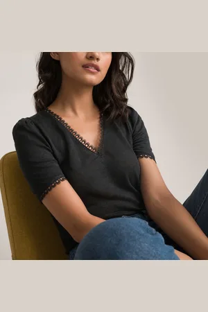 La Redoute Linen V-Neck T-Shirt with Lace Details
