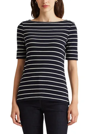 Ralph Lauren Striped Cotton T-Shirt with Boat Neck and 3/4 Length Sleeves