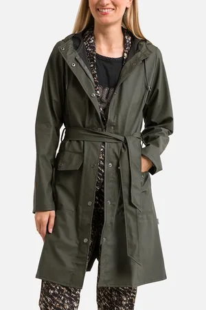 Rains Curve W Long Trench Coat with Tie-Waist and Zip Fastening